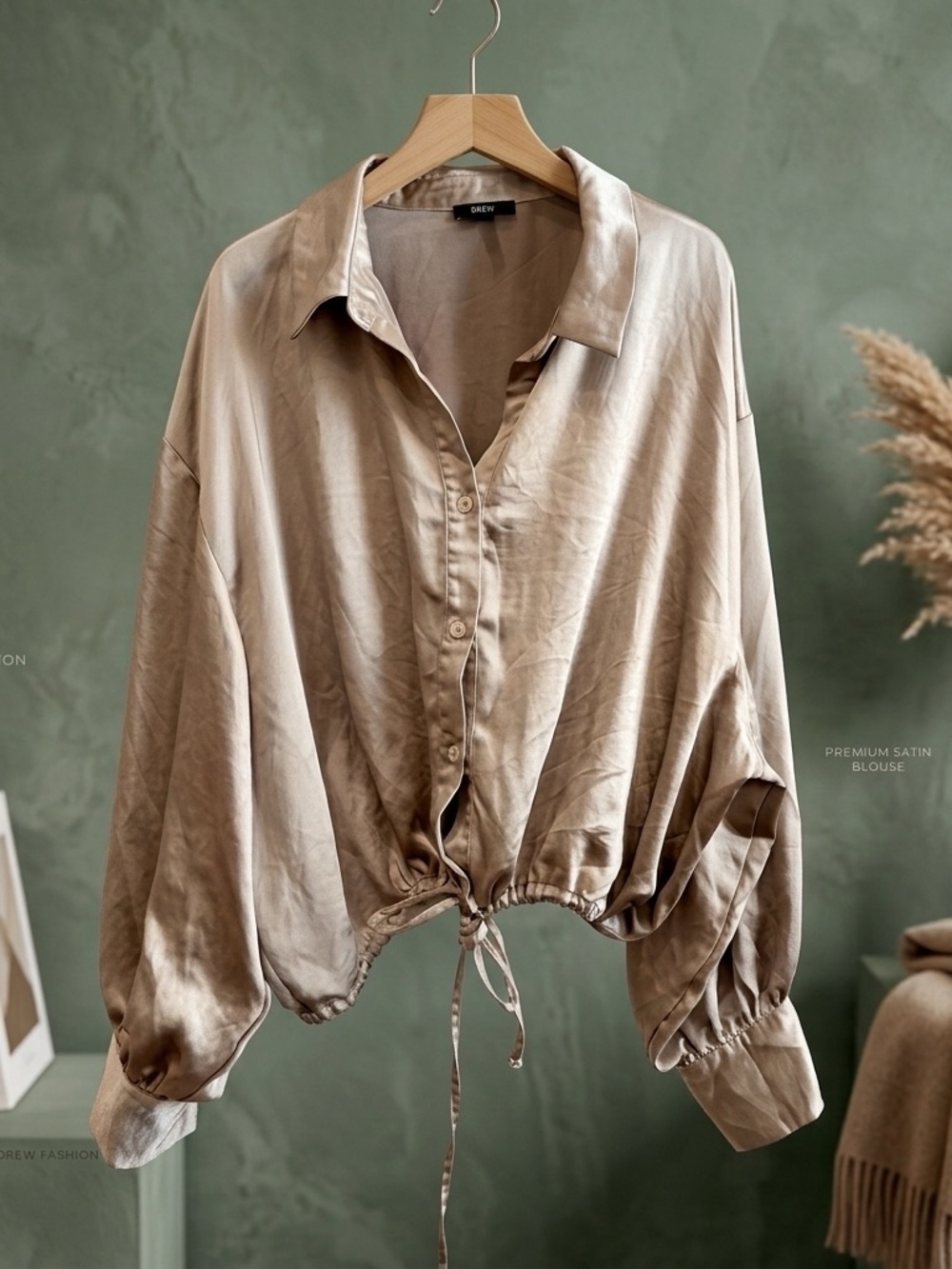Drew Champagne Satin Oversized Drawstring Cropped Blouse - Size L
